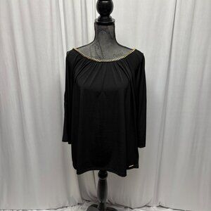 Michael Kors Black Top Womens Size 2X Gold Chain Neckline Open Shoulder Design